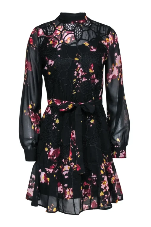 Reiss - Black Floral Print Mini Dress w/ Crochet Embellishment Sz 4