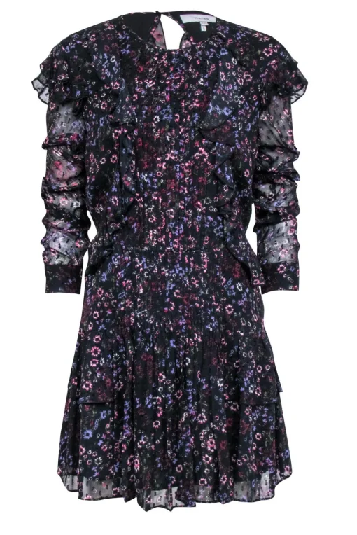 Reiss - Black Floral Print Ruffle Mini Dress Sz 8