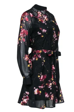 Reiss - Black Floral Print Mini Dress w/ Crochet Embellishment Sz 4