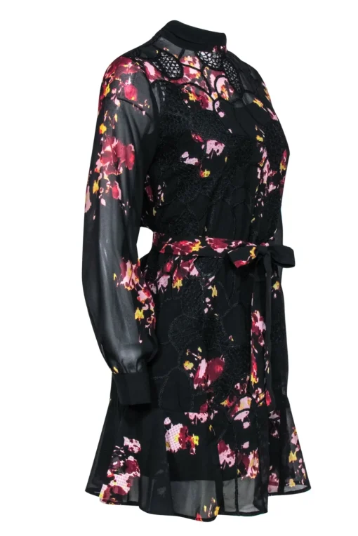 Reiss - Black Floral Print Mini Dress w/ Crochet Embellishment Sz 4