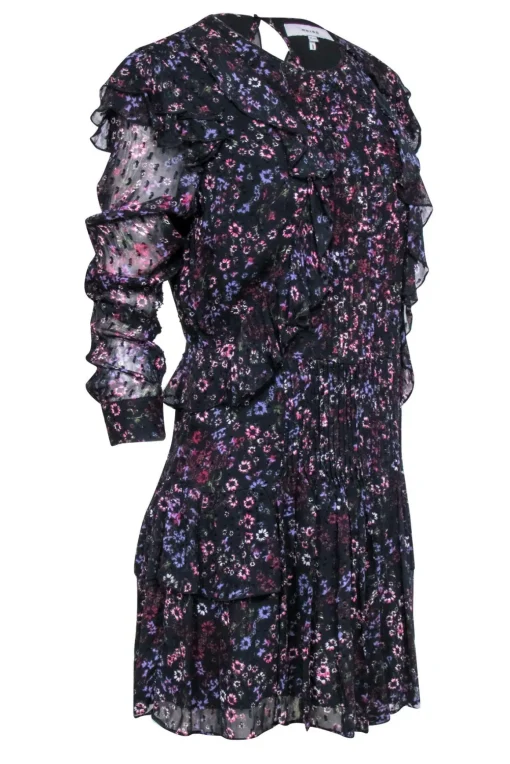 Reiss - Black Floral Print Ruffle Mini Dress Sz 8