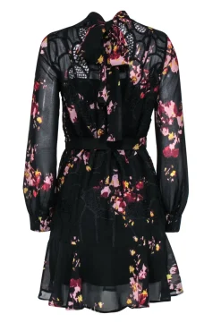 Reiss - Black Floral Print Mini Dress w/ Crochet Embellishment Sz 4