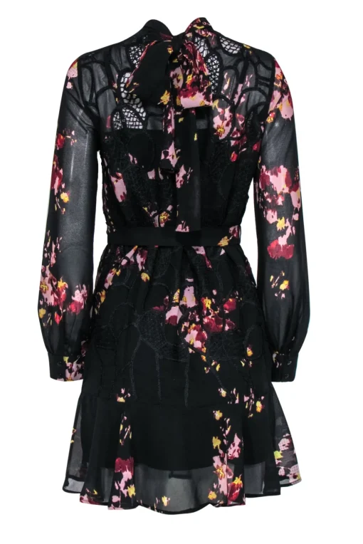 Reiss - Black Floral Print Mini Dress w/ Crochet Embellishment Sz 4