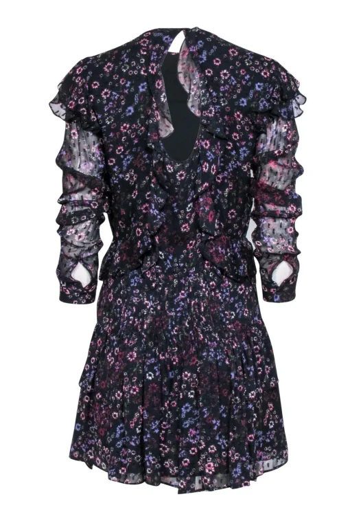 Reiss - Black Floral Print Ruffle Mini Dress Sz 8