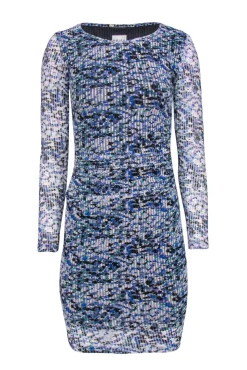 Reiss - Blue, White & Green Perforated Mesh Ruched Bodycon Dress Sz 2