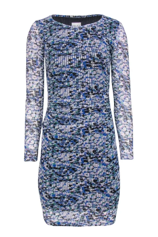 Reiss - Blue, White & Green Perforated Mesh Ruched Bodycon Dress Sz 2