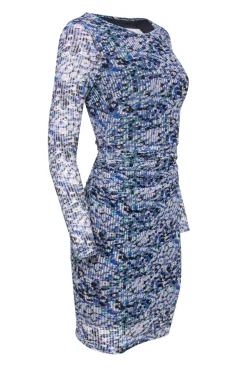 Reiss - Blue, White & Green Perforated Mesh Ruched Bodycon Dress Sz 2