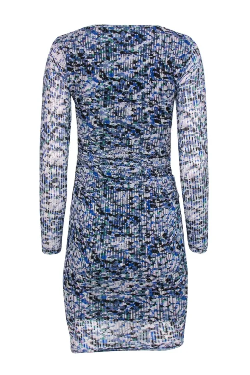 Reiss - Blue, White & Green Perforated Mesh Ruched Bodycon Dress Sz 2