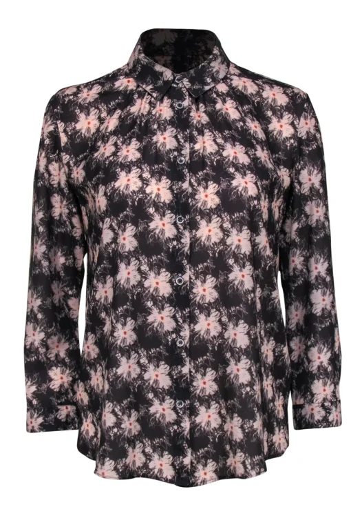 Reiss - Dark Gray & Pink Floral Collared Blouse Sz 6