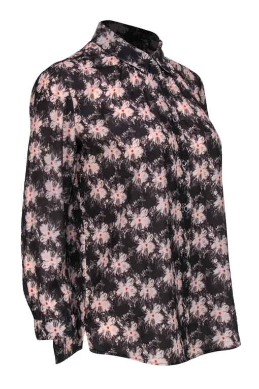 Reiss - Dark Gray & Pink Floral Collared Blouse Sz 6