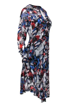 Reiss - Red, White & Blue Floral Print Sheer Long Sleeve Dress Sz XS