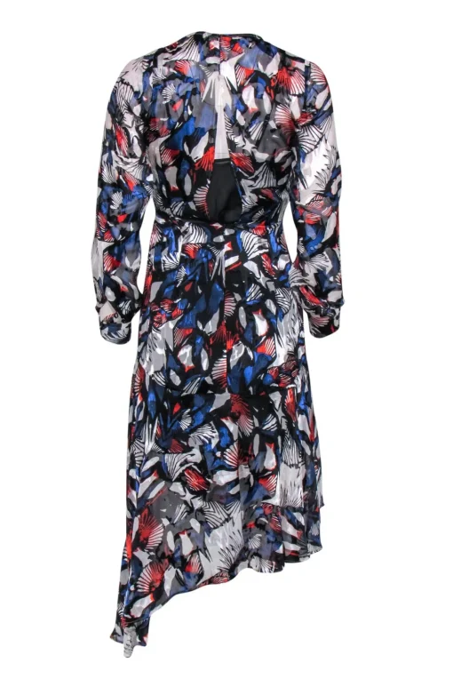 Reiss - Red, White & Blue Floral Print Sheer Long Sleeve Dress Sz XS