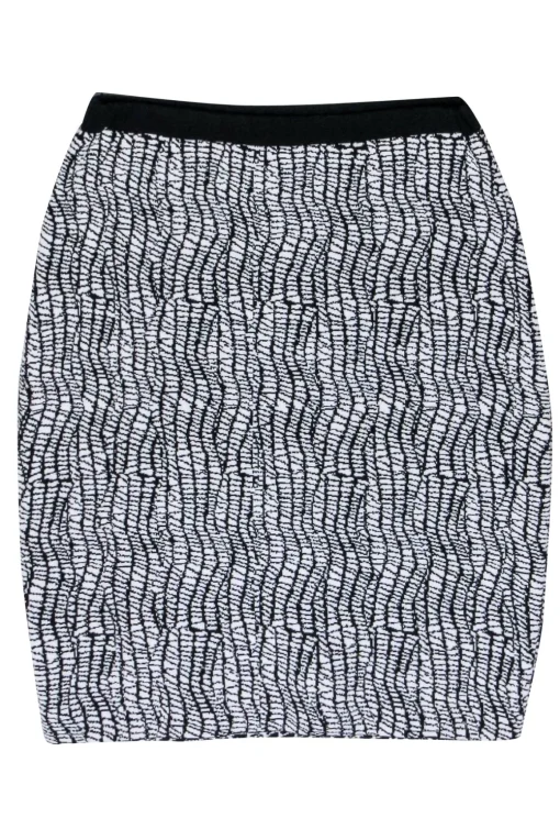 Reiss - White & Black Print Stretch Knit Skirt Sz 10