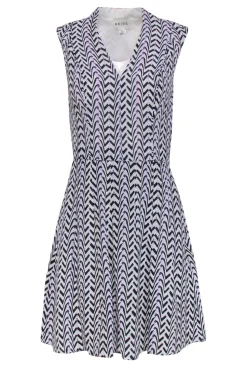 Reiss - White Silk Dress w/ Black & Purple Zig-Zag Pattern Sz 0