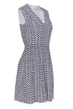 Reiss - White Silk Dress w/ Black & Purple Zig-Zag Pattern Sz 0