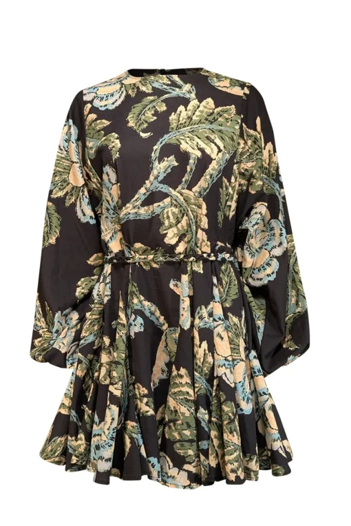 Rhode - Black w/ Pale Yellow & Green Floral Print Long Sleeve Mini Dress Sz S