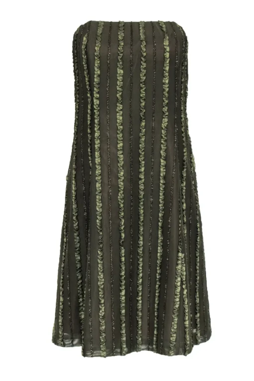 Robin Jordan - Olive Green Strapless Dress w/ Metallic Ruffles Sz 2