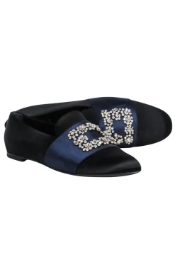 Roger Vivier - Black & Navy Satin Loafers w/ Rhinestone Buckle Design Sz 12