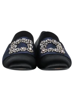 Roger Vivier - Black & Navy Satin Loafers w/ Rhinestone Buckle Design Sz 12