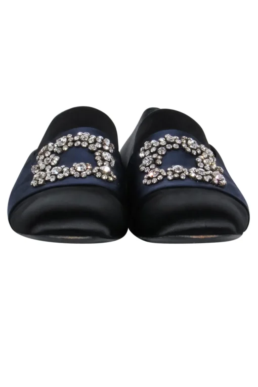 Roger Vivier - Black & Navy Satin Loafers w/ Rhinestone Buckle Design Sz 12