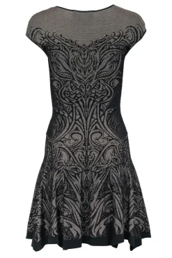 RVN - Black & Beige Lace Print Knit Drop Waist Dress Sz S