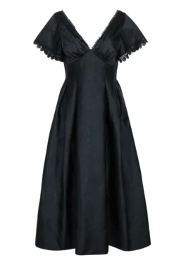 Sachin & Babi - Black Moire Taffeta Midi Dress w/ Eyelet Lace Trim Sz 6