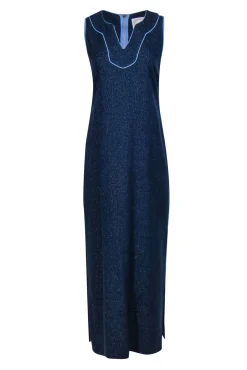 Sail to Sable - Navy & Gold Sleeveless Maxi Dress w/ Light Blue Trim Sz S