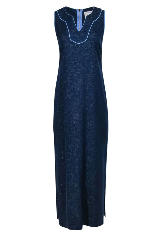 Sail to Sable - Navy & Gold Sleeveless Maxi Dress w/ Light Blue Trim Sz S
