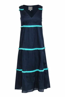 Sail to Sable - Navy Sleeveless Cotton Maxi Dress w/ Turquoise Fringe Sz XS