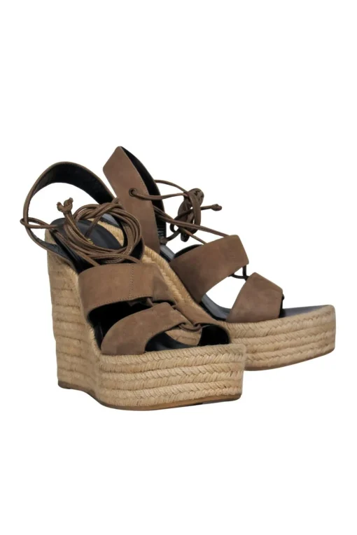 Saint Laurent - Beige Suede Platform Woven Wedges Sz 9.5