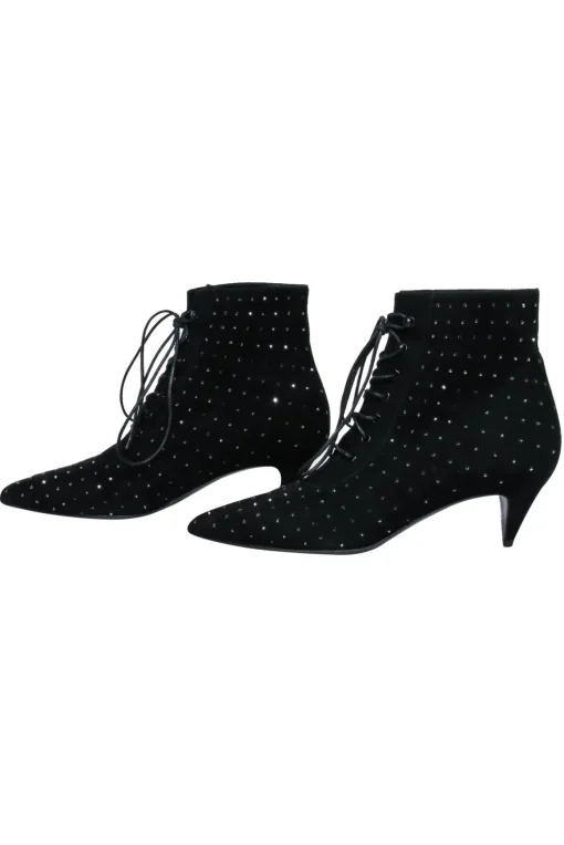 Saint Laurent - Black Suede Lace-Up Ankle Boots w/ Crystal Embellishments Sz 8