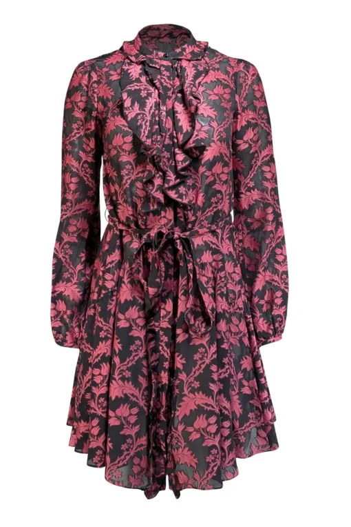 Saloni - Black & Dark Pink Brocade Print Semi Sheer Dress Sz 0
