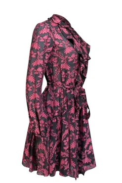 Saloni - Black & Dark Pink Brocade Print Semi Sheer Dress Sz 0