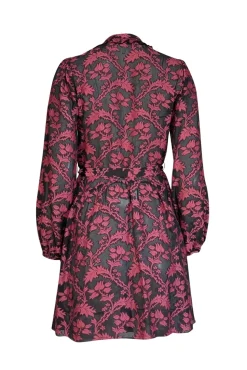Saloni - Black & Dark Pink Brocade Print Semi Sheer Dress Sz 0