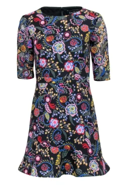 Saloni - Black w/ Multi Color Floral Short Sleeve Mini Dress Sz 4
