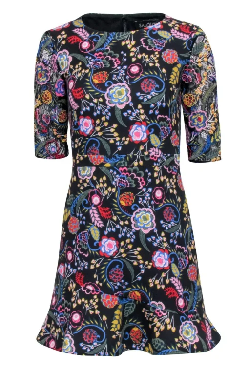 Saloni - Black w/ Multi Color Floral Short Sleeve Mini Dress Sz 4
