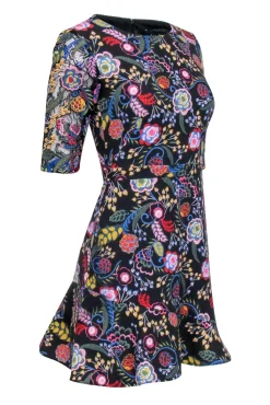 Saloni - Black w/ Multi Color Floral Short Sleeve Mini Dress Sz 4