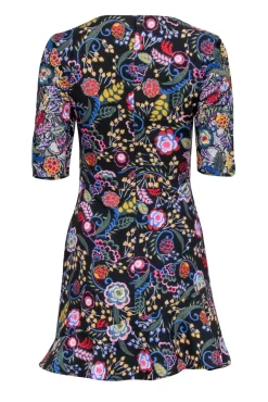 Saloni - Black w/ Multi Color Floral Short Sleeve Mini Dress Sz 4