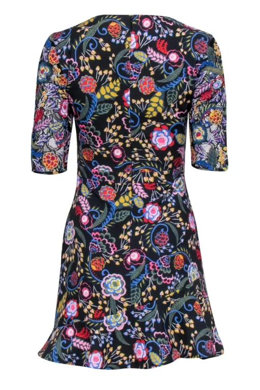 Saloni - Black w/ Multi Color Floral Short Sleeve Mini Dress Sz 4