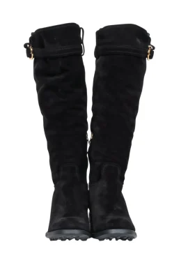 Salvatore Ferragamo - Black Suede Tall Boots w/ Fur Lining & Block Heel Sz 10