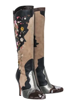 Sam Edelman - Brown & Beige Floral Embroidered Leather Tall Boots Sz 6
