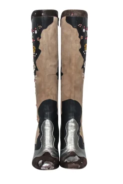 Sam Edelman - Brown & Beige Floral Embroidered Leather Tall Boots Sz 6