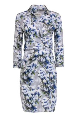 Samantha Sung - Blue & White Floral Print Collared Wrap Dress Sz 6