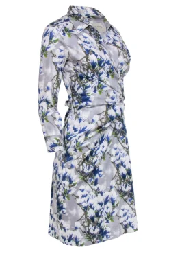 Samantha Sung - Blue & White Floral Print Collared Wrap Dress Sz 6