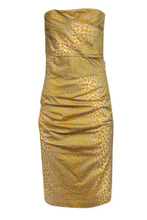 Samantha Sung - Grey & Yellow Polka Dot Strapless Cotton Dress Sz 8
