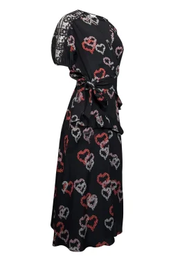 Sandro - Black, Pink, & Red Heart Print Silk Dress w/ Lace Accents Sz 4