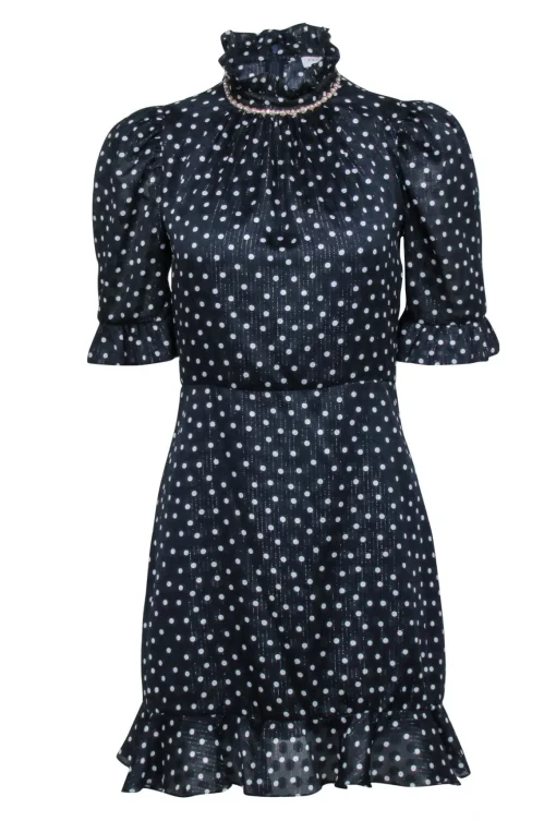 Sandro – Embellished Navy w/ White Polka Dot Dress Sz 4