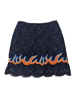 Sandro - Navy Lace Skirt w/ Flame Embroidered Ruffled Hem Sz 4