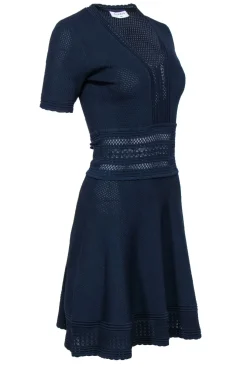 Sandro - Navy Textured Knit Short Sleeve A-Line Dress Sz 2