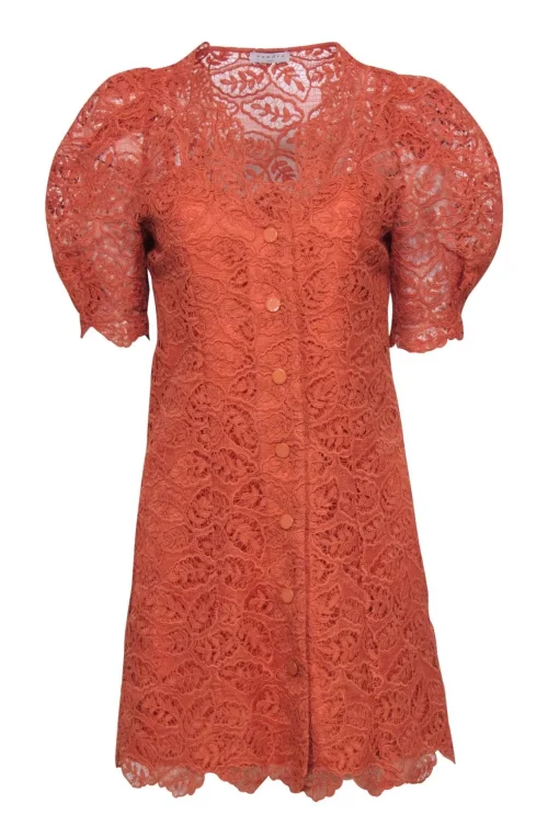 Sandro - Orange Lace Mini Short Sleeve Button Front Dress Sz 6